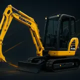 Żółta koparka Komatsu PC16 gotowa do pracy na budowie, z wysuniętym ramieniem i łyżką.