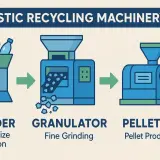 Schemat recyklingu plastiku: shredder rozdrabnia butelki, granulator mieli je na drobne kawałki, a pelletiser tworzy granulki. To jak maszyna do kruszenia skał, tylko dla plastiku.