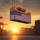 Kontener z flagą USA podnoszony przez dźwig w porcie. W tle stosy kontenerów i zachodzące słońce. Maszyny budowlane z USA pracują w porcie.