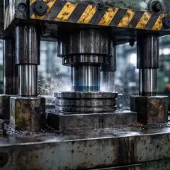 Przenośna prasa hydrauliczna w akcji, formująca metal. Iskry sypią się podczas pracy maszyny.