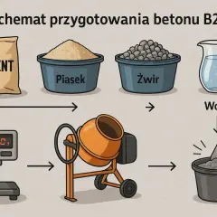 Schemat pokazuje, jak rozrobić beton B20: cement, piasek, żwir i wodę wsypujemy do betoniarki, a następnie mieszamy.