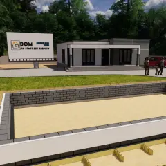 Wykop pod fundament nowoczesnego domu. W tle rodzina ogląda billboard "DOM NA START BEZ KREDYTU".