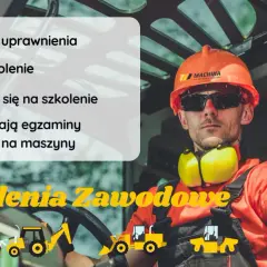 Operator w kasku i okularach, obok lista pytań: "Czy na koparkę trzeba mieć uprawnienia?". Grafiki maszyn budowlanych.