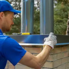 Fachowiec montuje metalowe elementy na ceglanym kominie. Dowiedz się, ile kosztuje wymurowanie komina i jakie materiały są potrzebne.