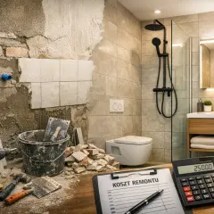 Remont małej łazienki w bloku: lista kosztów, narzędzia i pieniądze na kalkulatorze.