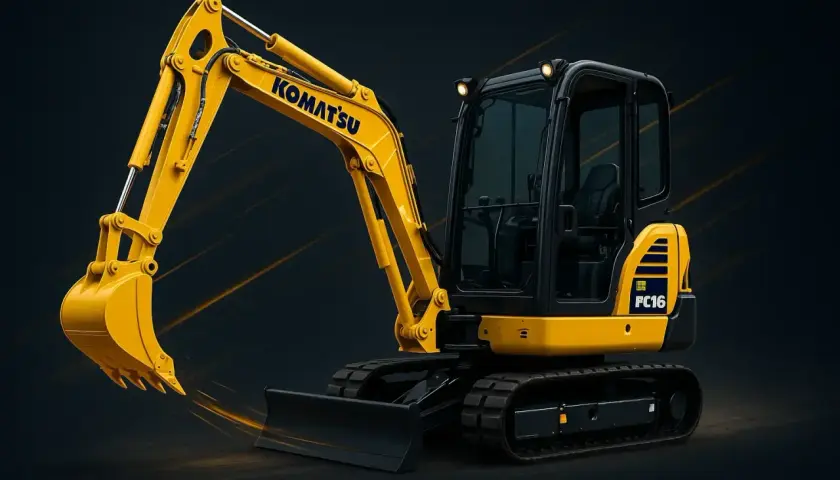 Żółta koparka Komatsu PC16 gotowa do pracy na budowie, z wysuniętym ramieniem i łyżką.
