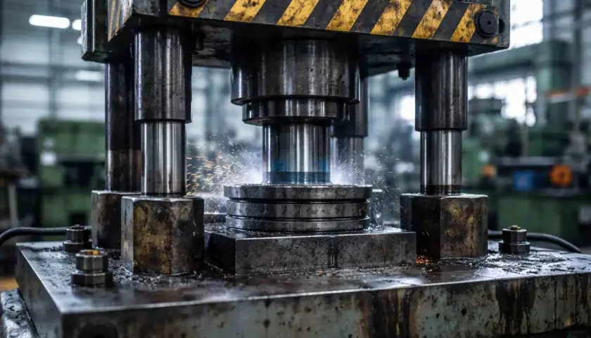Przenośna prasa hydrauliczna w akcji, formująca metal. Iskry sypią się podczas pracy maszyny.