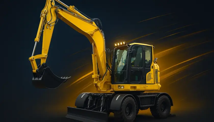 Żółta koparka kołowa Komatsu z podniesionym ramieniem i łyżką, gotowa do pracy.