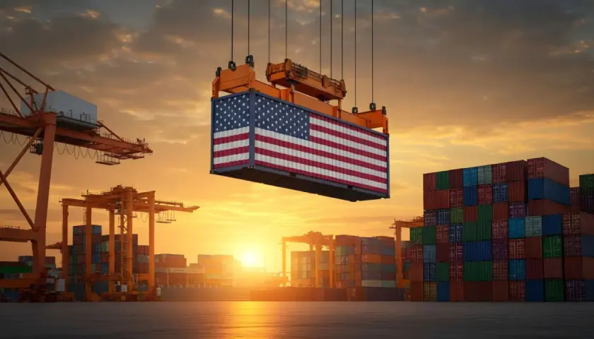 Kontener z flagą USA podnoszony przez dźwig w porcie. W tle stosy kontenerów i zachodzące słońce. Maszyny budowlane z USA pracują w porcie.