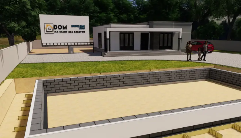 Wykop pod fundament nowoczesnego domu. W tle rodzina ogląda billboard "DOM NA START BEZ KREDYTU".