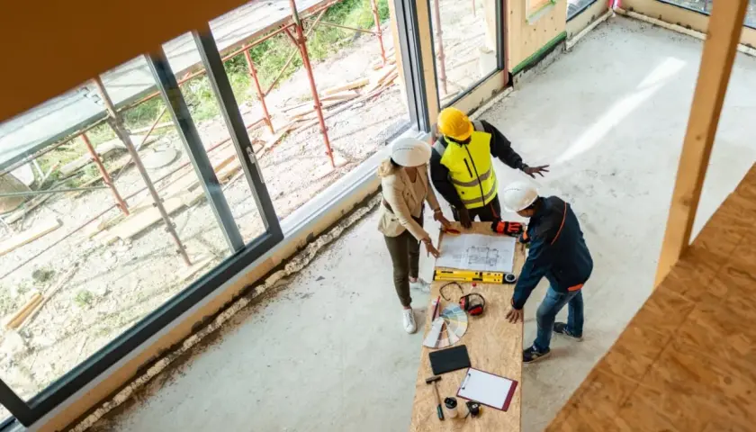 Architekci omawiają projekt, ustalając, ile kosztuje wybudowanie garażu. Na stole plany, narzędzia i próbki materiałów.
