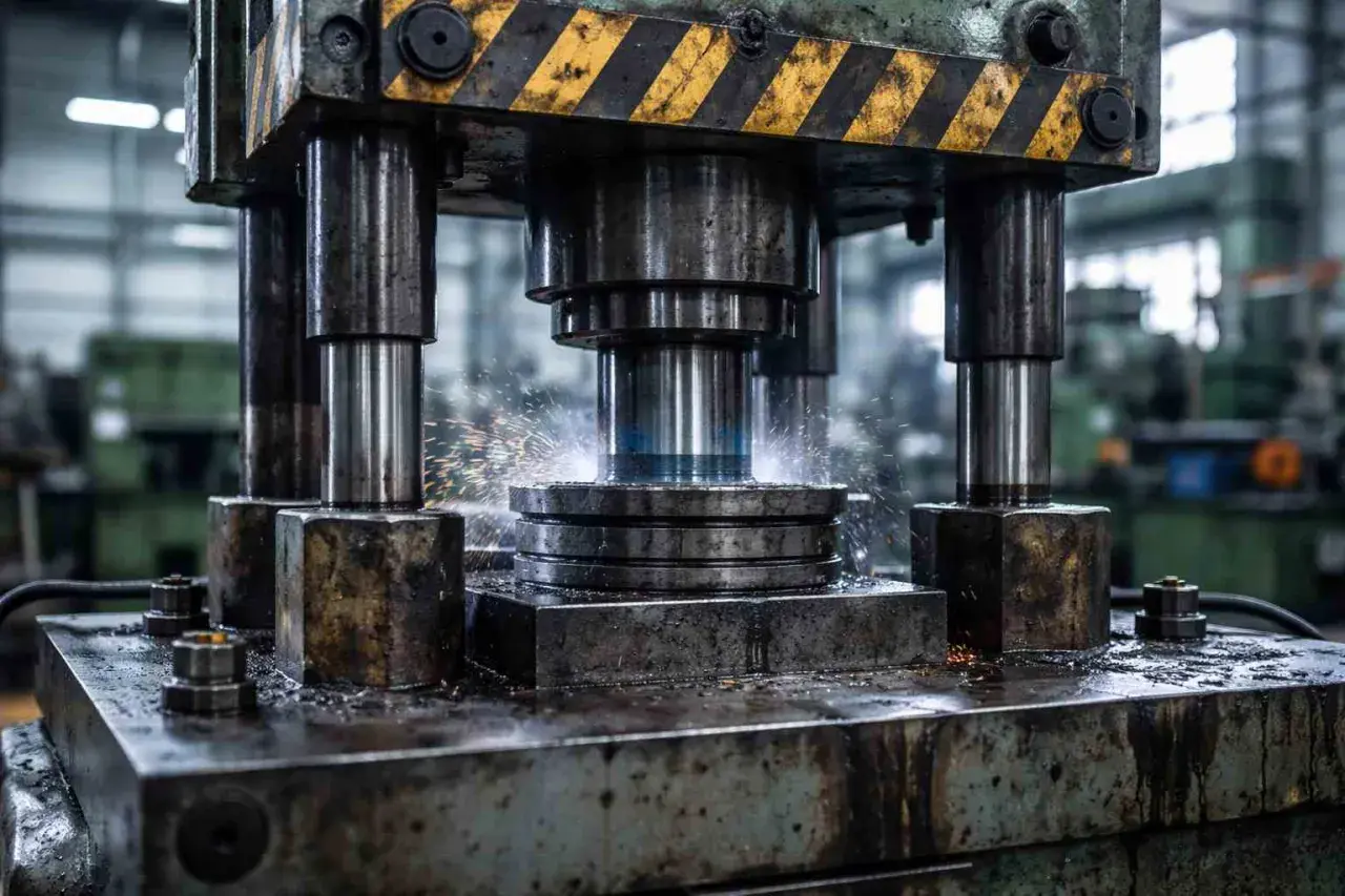 Przenośna prasa hydrauliczna w akcji, formująca metal. Iskry sypią się podczas pracy maszyny.