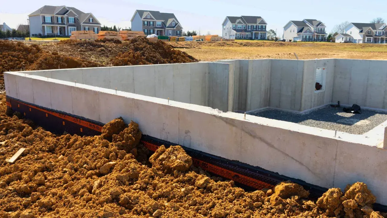 Fundament betonowy w budowie, otoczony ziemią. W tle nowe domy. Zastanawiasz się, ile kosztuje beton na fundamenty?