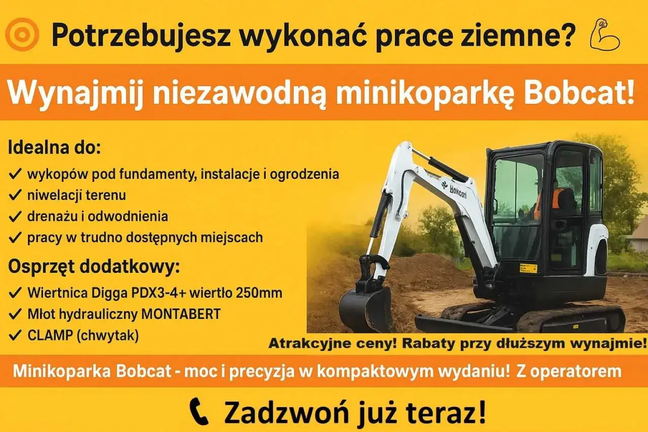 Potrzebujesz prac ziemnych? Wynajmij minikoparkę Bobcat! Sprawdź atrakcyjne ceny i rabaty. Usługi minikoparką cennik. Zadzwoń!