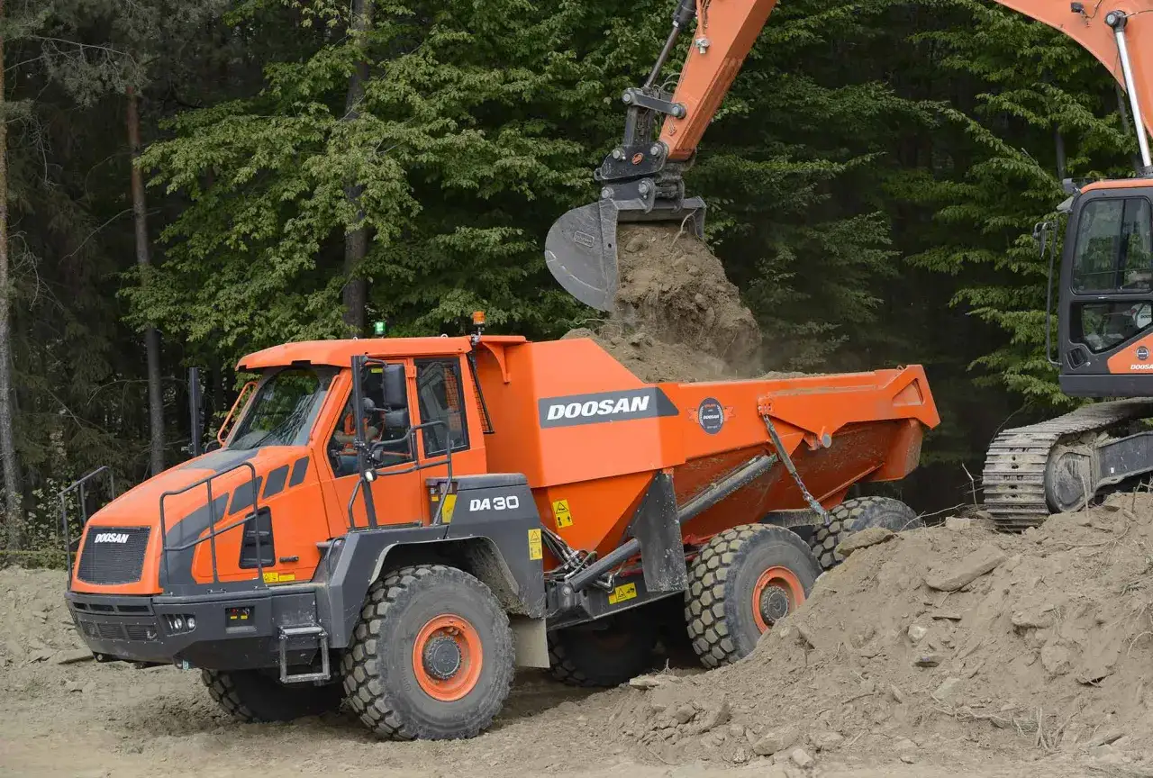Pomarańczowy wozidło przegubowe Doosan DA30 z Poznania jest ładowane ziemią przez koparkę.